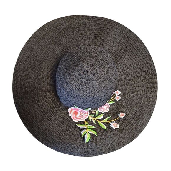 Y2K Black with Pink Floral Embroidered Applique Oversized Straw Floppy Hat - Picture 9 of 11